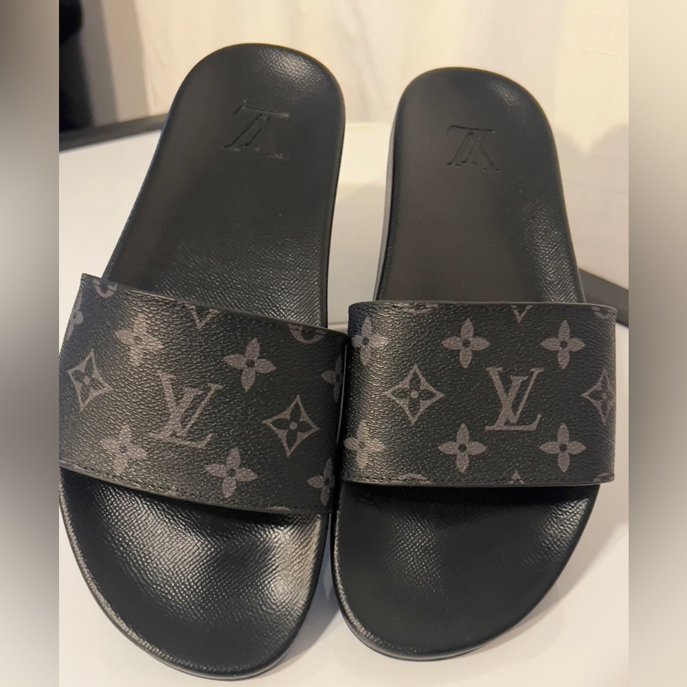 Louis Vuitton Black & Gray Monogram Slide Sandals